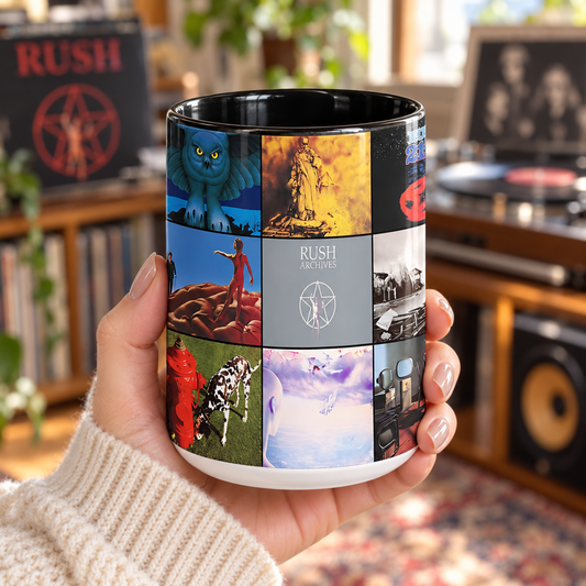 Rush Black Two-Tone Accent Coffee Mug - Classic Rock Band Album Covers Collage Mug