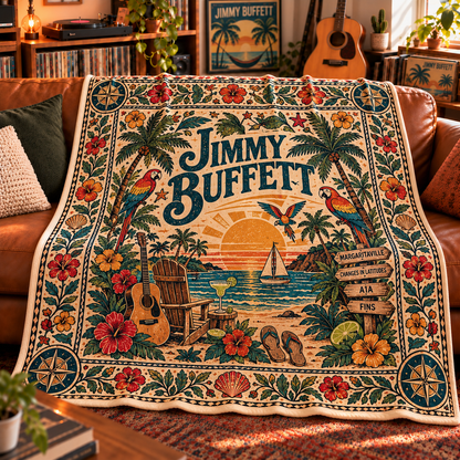 Jimmy Buffett Sherpa Throw Blanket - Margaritaville & Parrothead Soft Cover - Tropical Island Rock Music Legend Unique Gift Idea