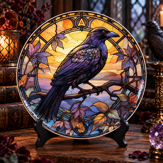 Mystical Raven Stained Glass Ceramic Plate – Gothic Purple Crow Decorative Porcelain Dish