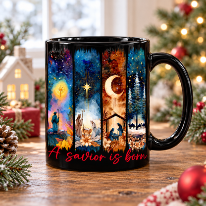 A Savior Is Born Christmas Mug – Stained Glass Nativity Coffee Cup, Religious Christmas Gift