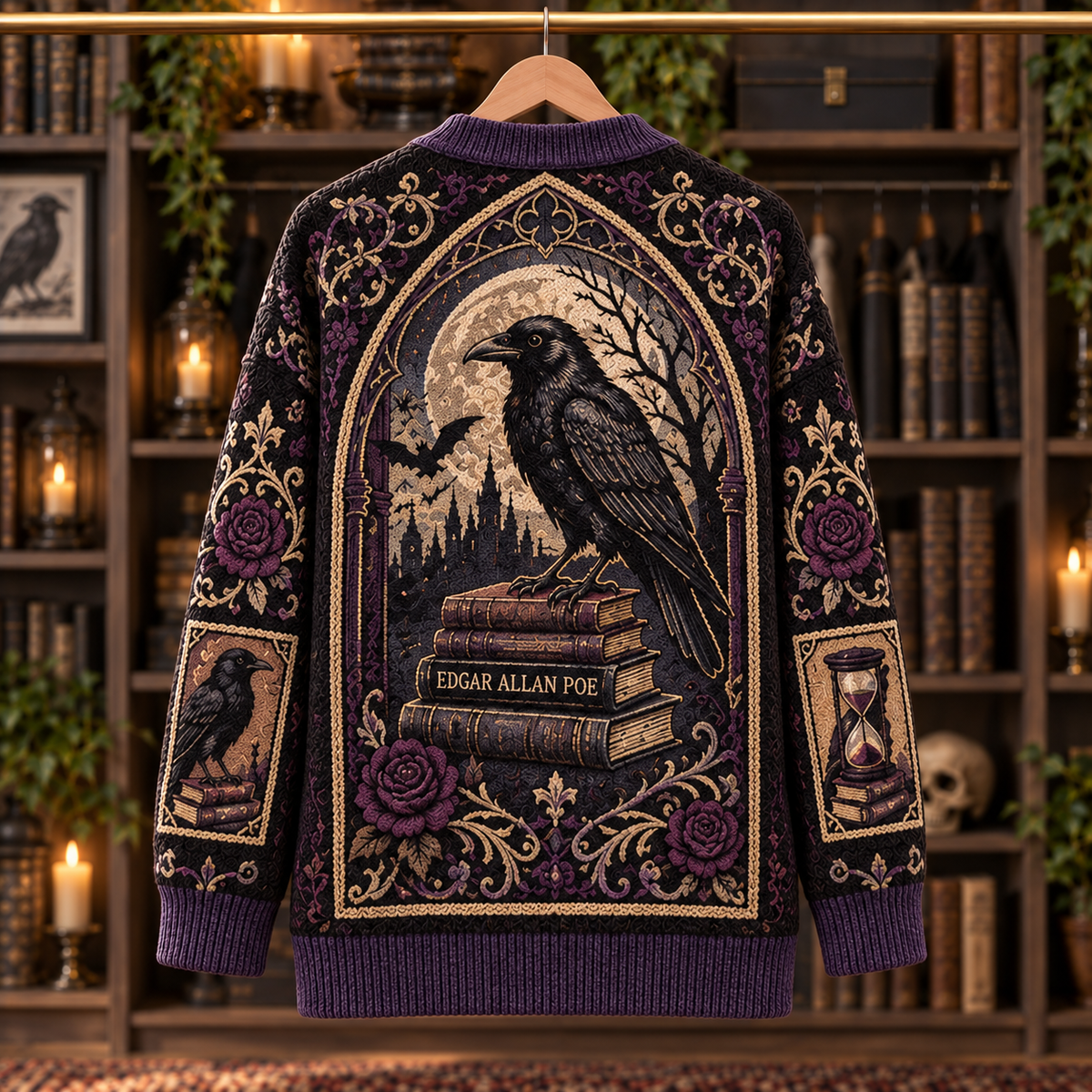 Edgar Allan Poe Raven Cardigan, Nevermore Gothic Knit Sweater, Purple Rose Dark Academia Cardigan, Literary Horror Gift