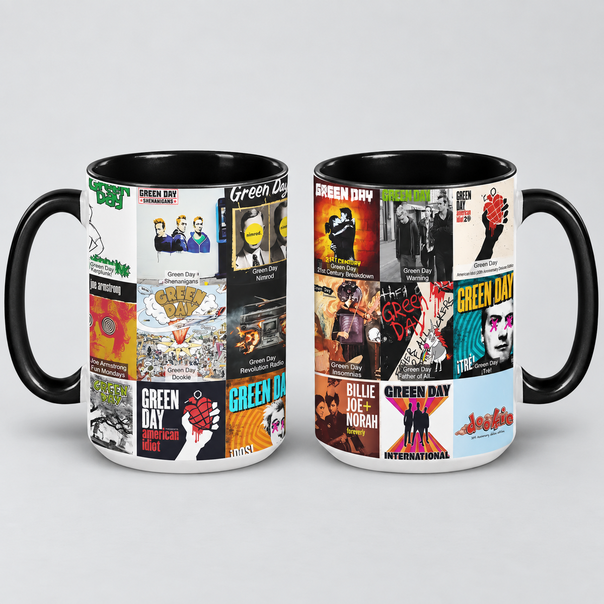 Green Day Black Two-Tone Accent Coffee Mug - Classic Band Album Covers Collage Mug