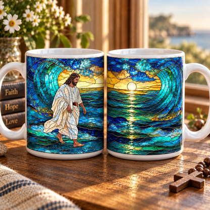 Jesus Walking on Water Mug, Christian Stained Glass Coffee Cup, Faith Over Fear Religious Gift, Bible Inspired Christian Decor