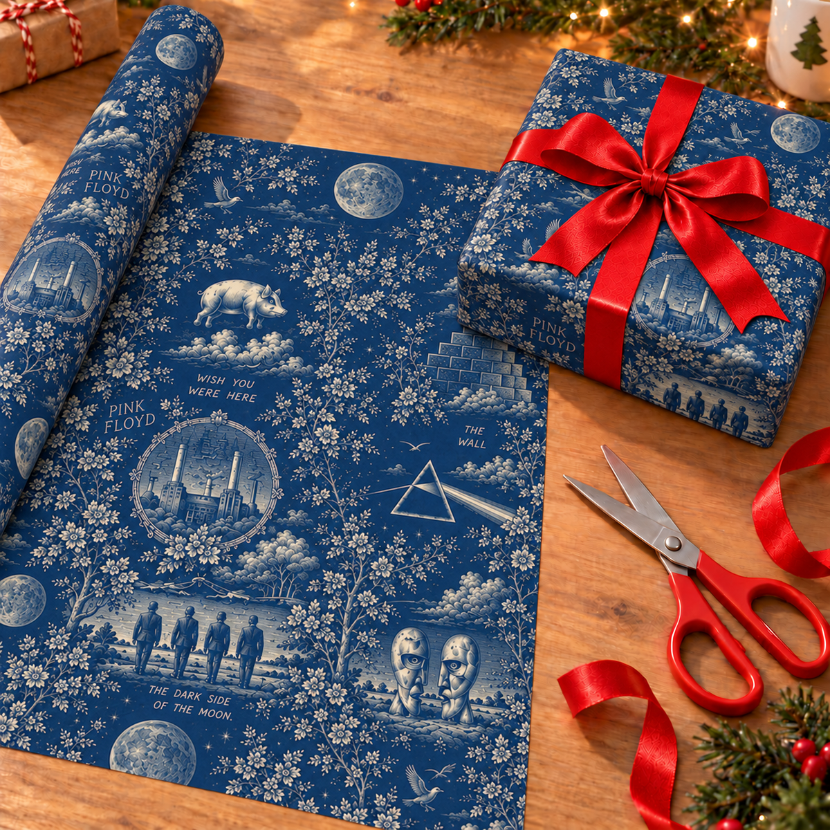 Pink Floyd Toile Wrapping Pape - Classic Blue Floral Rock Band Gift Wrap