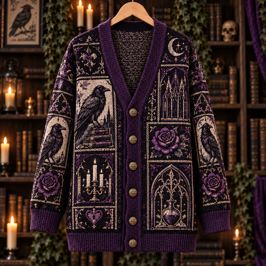 Gothic Raven Cardigan, Purple Rose Crow Knit Sweater, Dark Academia Victorian Cardigan, Edgar Allan Poe Inspired Gothic Gift