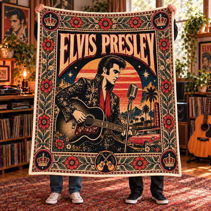 Elvis Presley Sherpa Throw Blanket - King of Rock Guitar & Crown Soft Cover - Vegas Era Music Legend Fan Unique Gift Idea