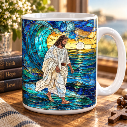 Jesus Walking on Water Mug, Christian Stained Glass Coffee Cup, Faith Over Fear Religious Gift, Bible Inspired Christian Decor