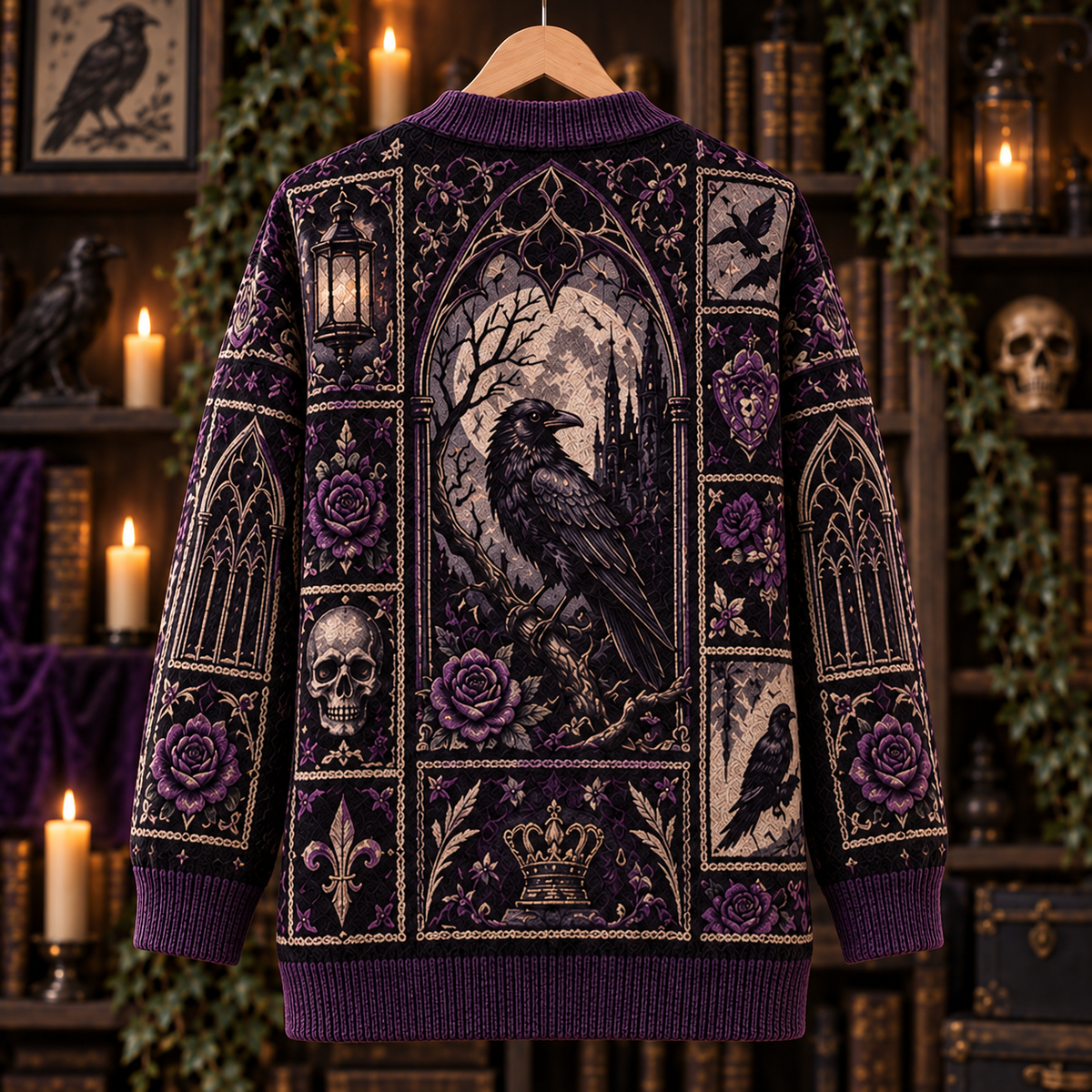 Gothic Raven Cardigan, Purple Rose Crow Knit Sweater, Dark Academia Victorian Cardigan, Edgar Allan Poe Inspired Gothic Gift