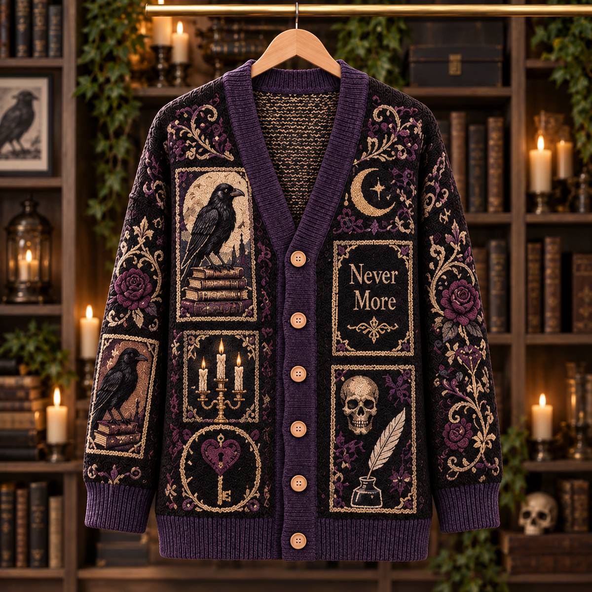 Edgar Allan Poe Raven Cardigan, Nevermore Gothic Knit Sweater, Purple Rose Dark Academia Cardigan, Literary Horror Gift
