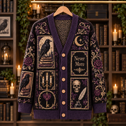 Edgar Allan Poe Raven Cardigan, Nevermore Gothic Knit Sweater, Purple Rose Dark Academia Cardigan, Literary Horror Gift
