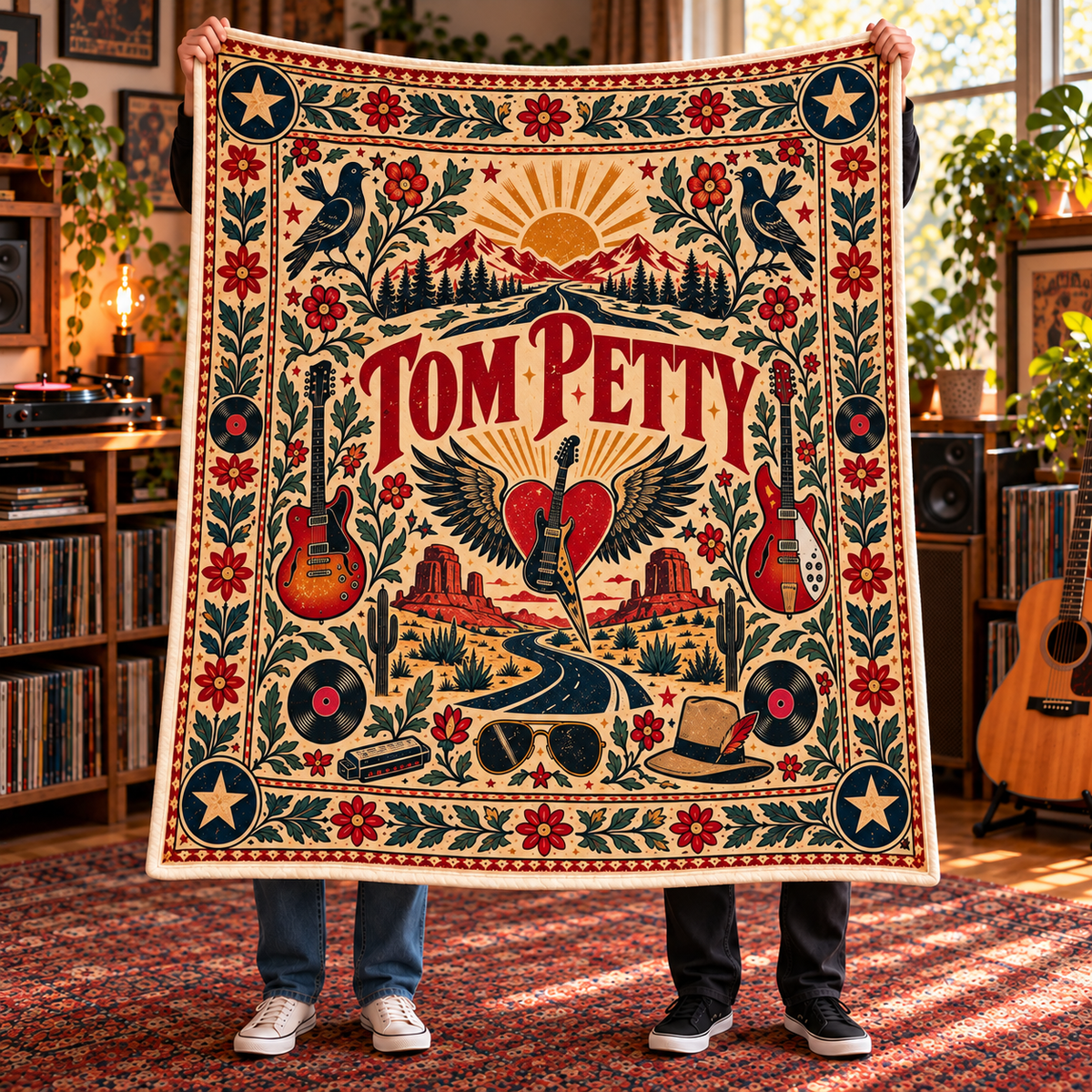 Tom Petty Sherpa Throw Blanket - Winged Heart Guitar & Desert Highway Soft Cover - Heartland Rock Music Fan Unique Gift Idea
