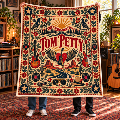 Tom Petty Sherpa Throw Blanket - Winged Heart Guitar & Desert Highway Soft Cover - Heartland Rock Music Fan Unique Gift Idea