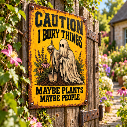 Funny Ghost Garden Metal Sign, Caution I Bury Things Maybe Plants Maybe People, Spooky Gardener Decor, Halloween Yard Sign, Gothic Garden Gift