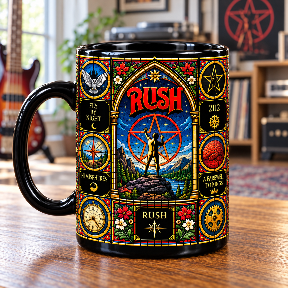 Rush Stained Glass Ceramic Coffee Mug - Starman Red Star & Owl Cup - Progressive Rock Band Fan Unique Gift Idea