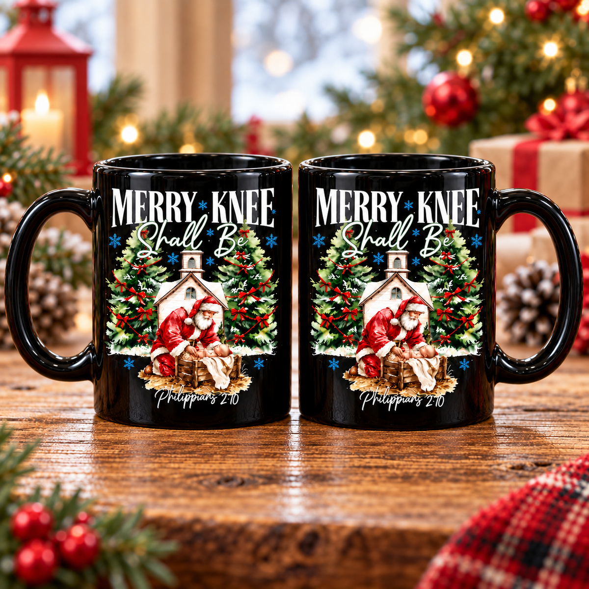 Every Knee Shall Bow Christmas Mug, Christian Christmas Mug – Santa Worshiping Baby Jesus Cup