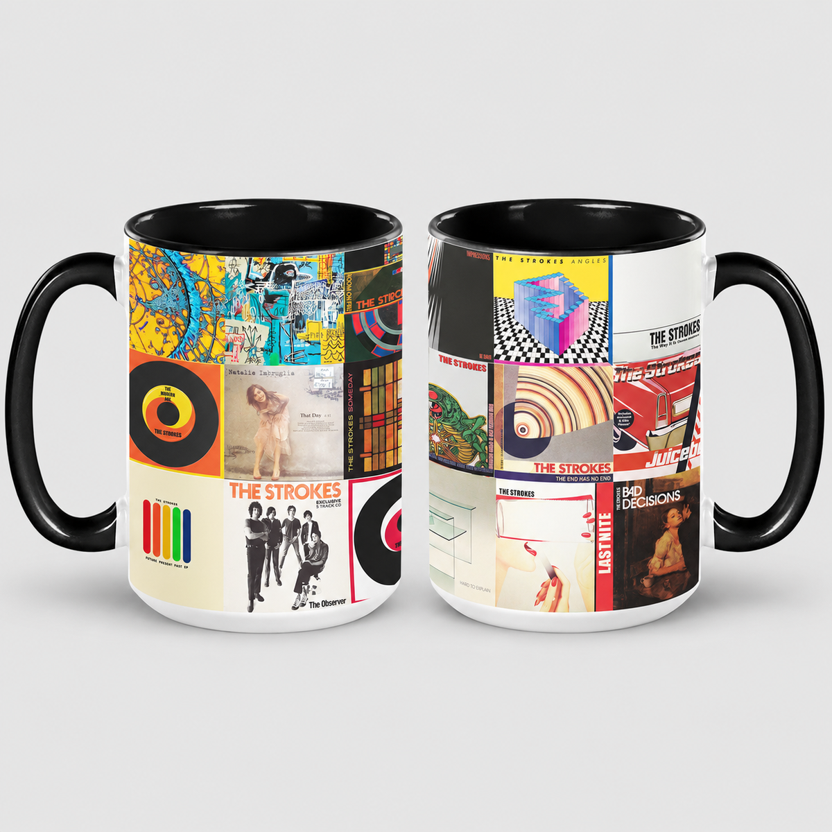 The Strokes Accent Black Two-Tone Accent Coffee Mug - Classic Rock Band Album Covers Collage Mug