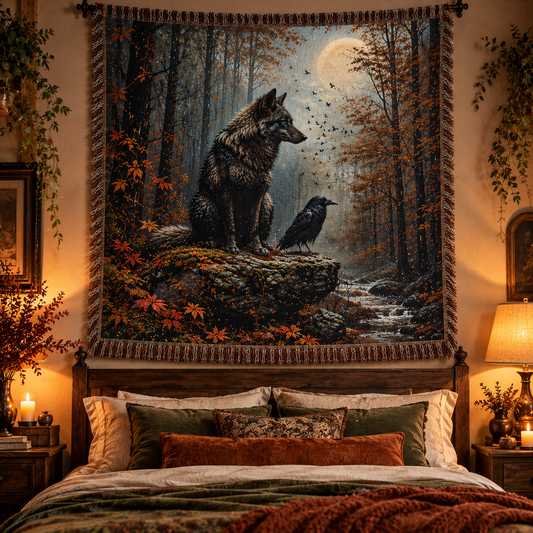 Mystic Wolf and Raven Woven Blanket – Autumn Forest & Full Moon Tapestry Throw Fall Decor