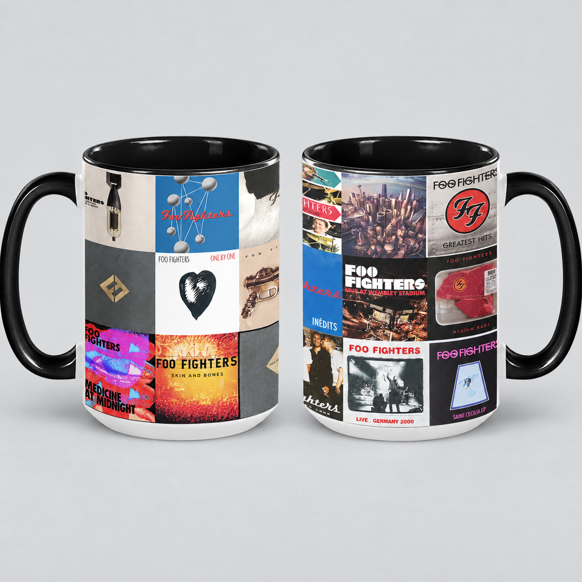 Foo Fighters Black Two-Tone Accent Coffee Mug - Classic Rock Band Album Covers Collage Mug
