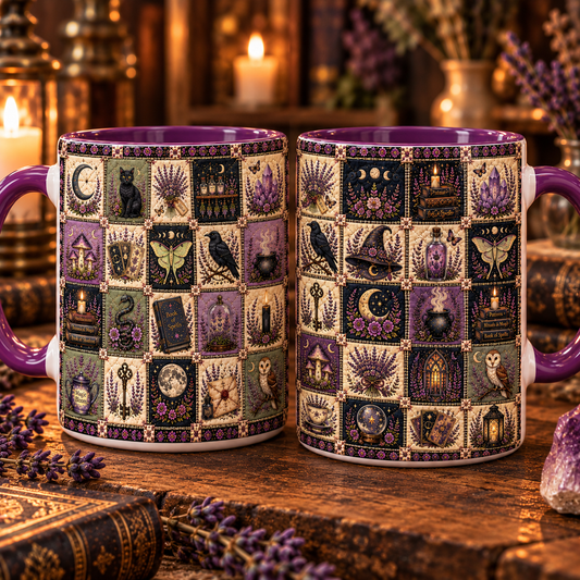 Lavender Witch Quilt Ceramic Mug – Cottagecore Gothic Witchy Patchwork Coffee Cup