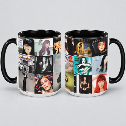 Cher Black Two-Tone Accent Coffee Mug - Classic Rock Band Album Covers Collage Mug