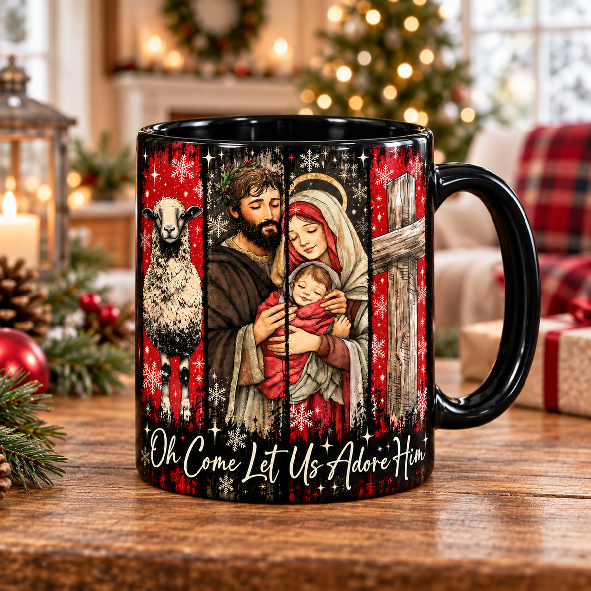 Holy Family Christmas Coffee Mug, Oh Come Let Us Adore Him Christmas Mug, Christian Religious Holiday Mug