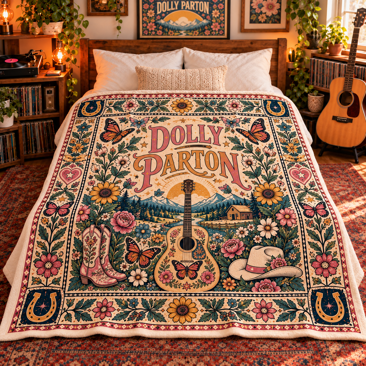 Dolly Parton Sherpa Throw Blanket - Cowboy Boots & Guitar Soft Plush Cover - Country Music Queen Fan Unique Birthday Gift Idea