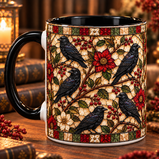 Stained Glass Raven Coffee Mug – Gothic Crow & Winter Berries Ceramic Cup Dark Cottagecore Nature Gift
