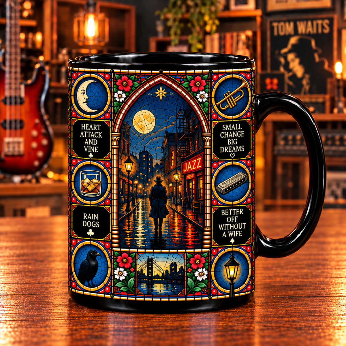 Tom Waits Stained Glass Art Mug – Blues Jazz Black Ceramic Coffee Cup, Rain Dogs & Closing Time Inspired Gothic Design