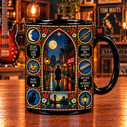 Tom Waits Stained Glass Art Mug – Blues Jazz Black Ceramic Coffee Cup, Rain Dogs & Closing Time Inspired Gothic Design