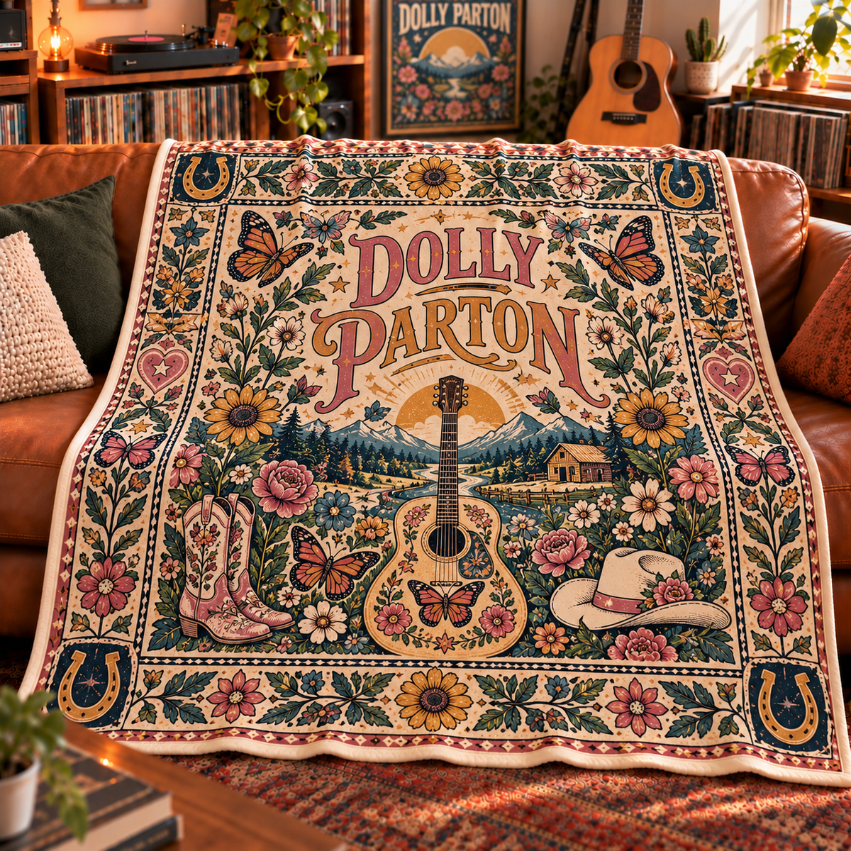 Dolly Parton Sherpa Throw Blanket - Cowboy Boots & Guitar Soft Plush Cover - Country Music Queen Fan Unique Birthday Gift Idea