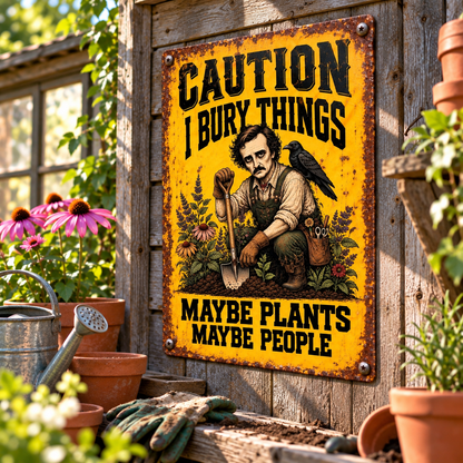 Edgar Allan Poe Garden Metal Sign, Caution I Bury Things Maybe Plants Maybe People, Raven Gothic Yard Decor, Dark Academia Garden Gift
