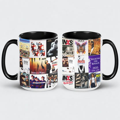 INXS Black Two-Tone Accent Coffee Mug - Classic Band Album Covers Collage Mug