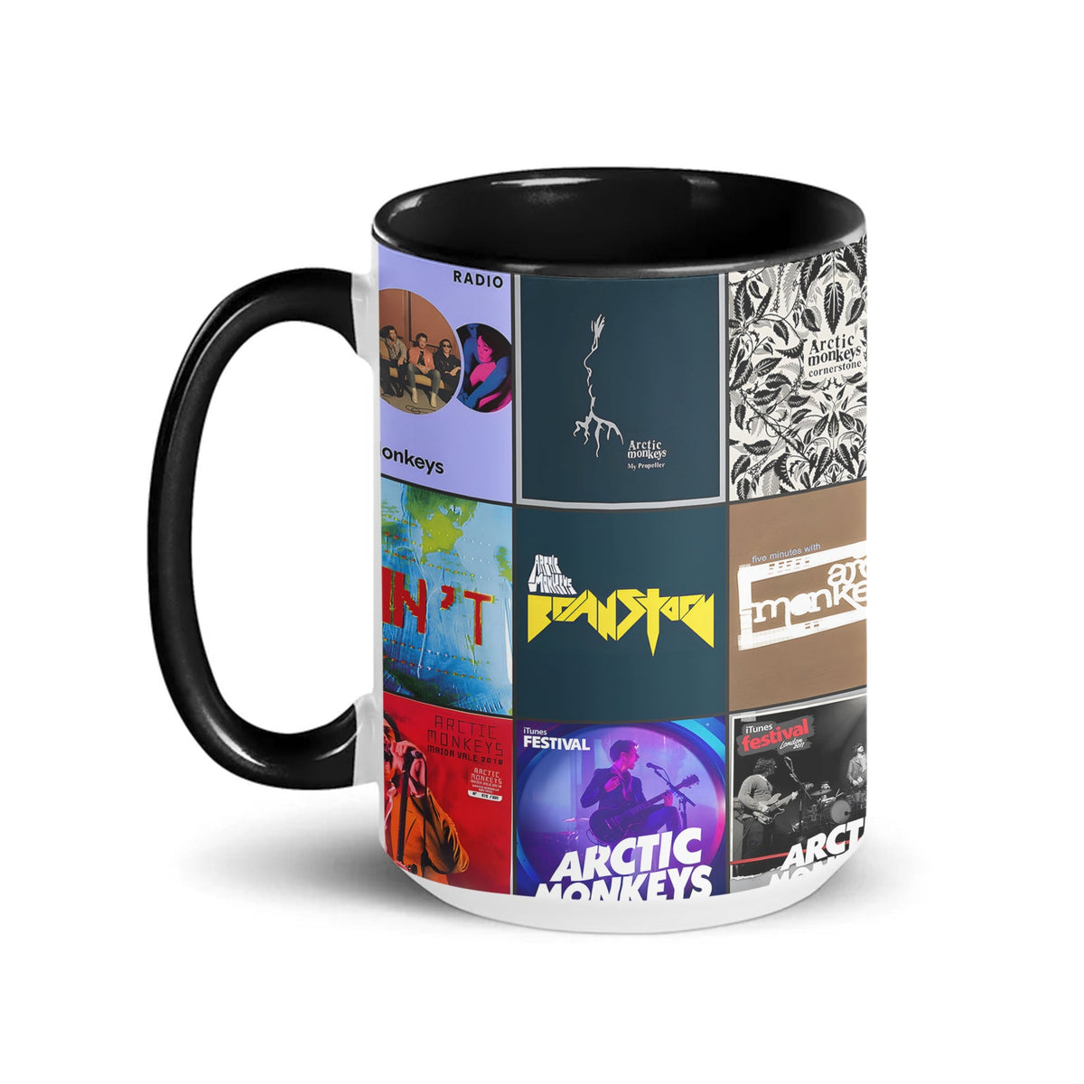 Arctic Monkeys Black Two-Tone Accent Coffee Mug - Classic Band Album Covers Collage Mug