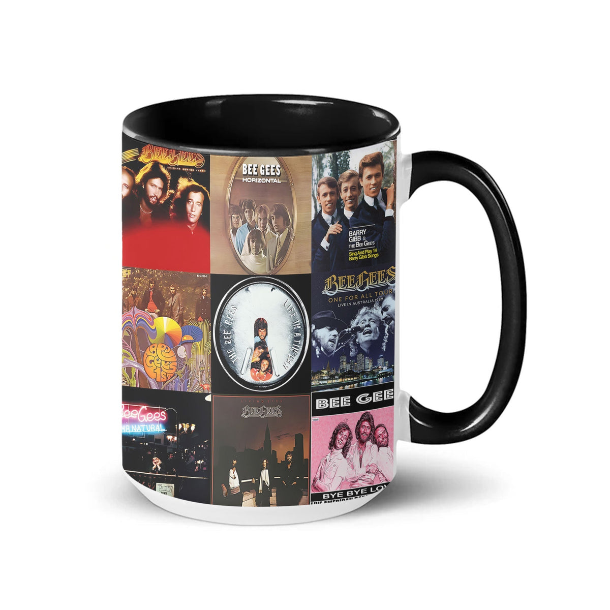 Bee Gees Black Two-Tone Accent Coffee Mug - Classic Rock Band Album Covers Collage Mug