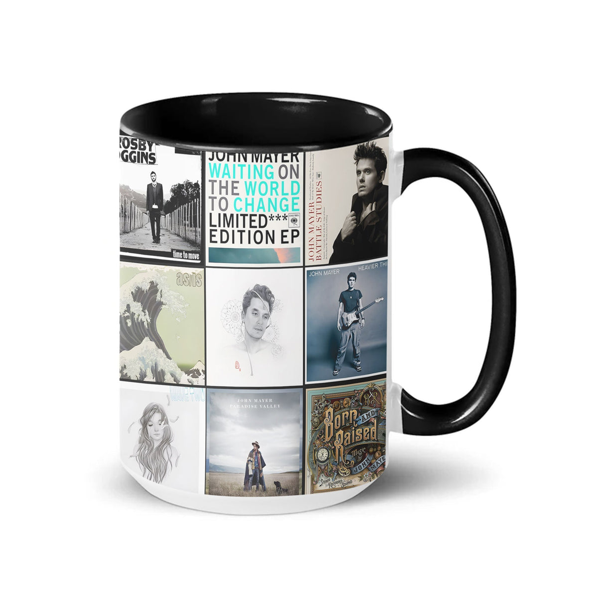 John Mayer Black Two-Tone Accent Coffee Mug - Classic Band Album Covers Collage Mug