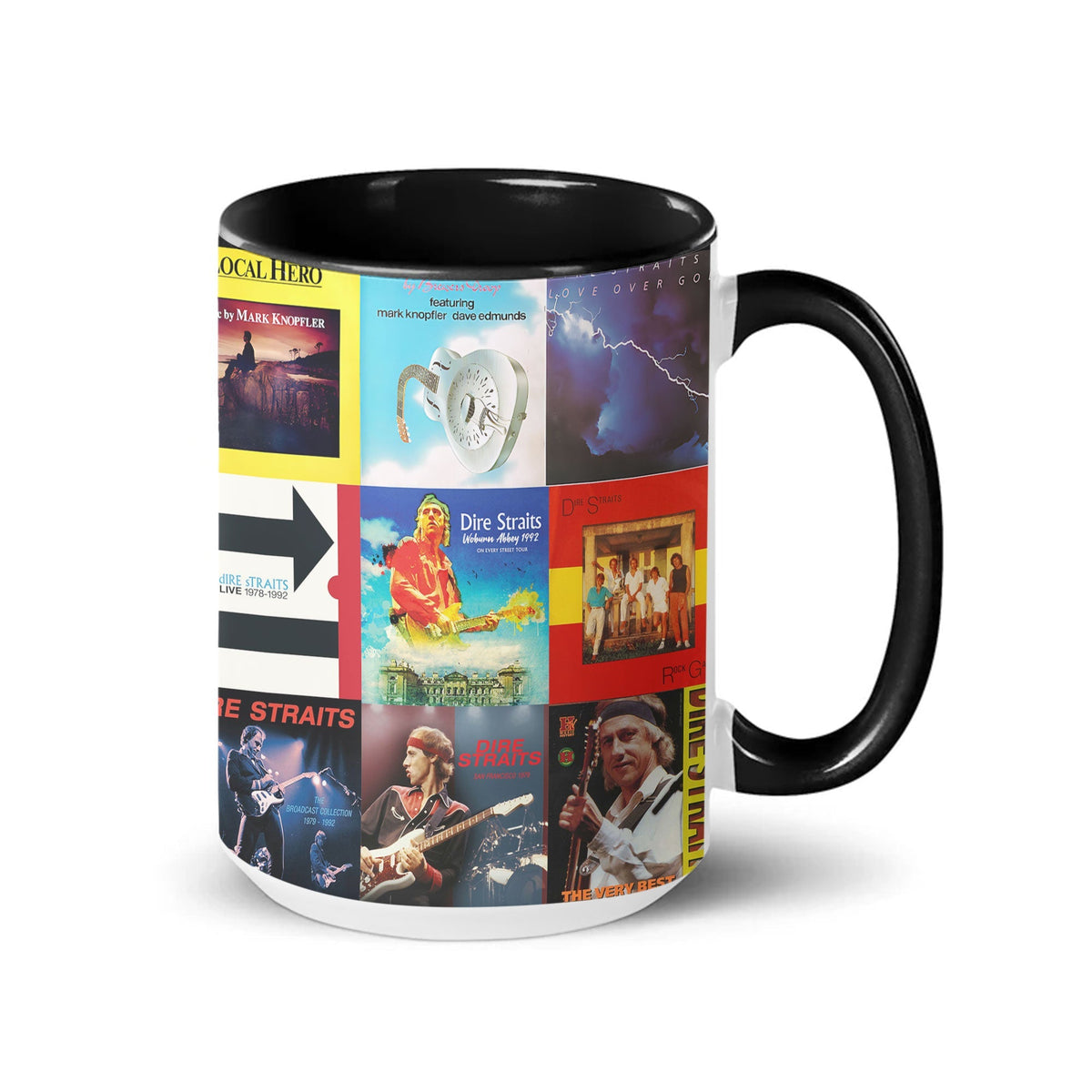 Dire Straits Black Two-Tone Accent Coffee Mug - Classic Band Album Covers Collage Mug