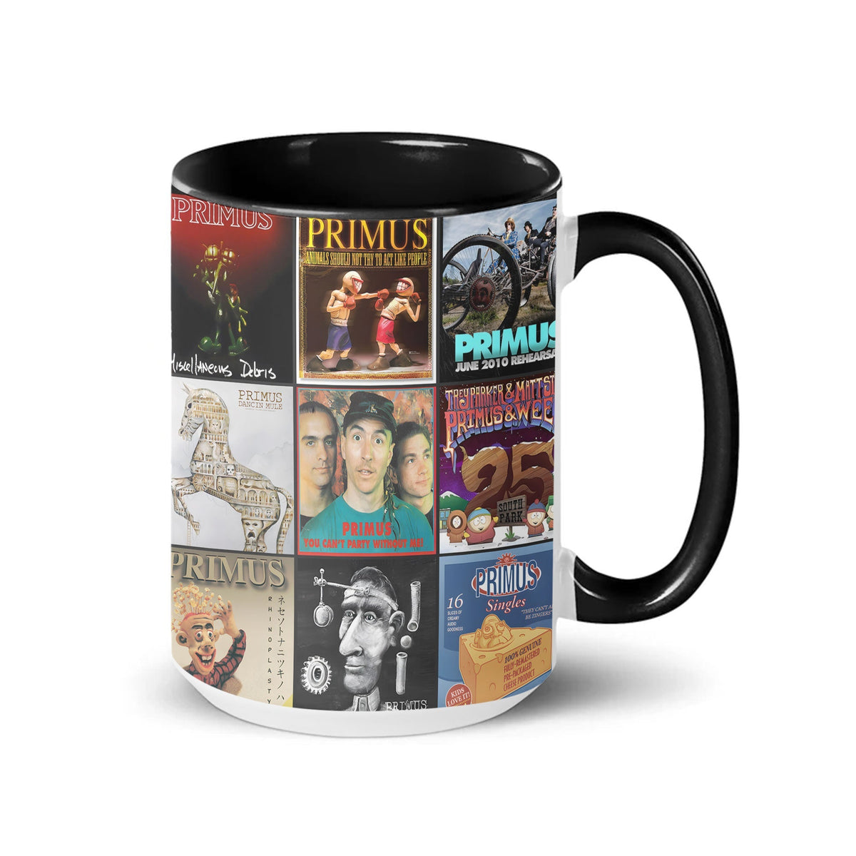 PRIMUS Black Two-Tone Accent Coffee Mug - Classic Band Album Covers Collage Mug