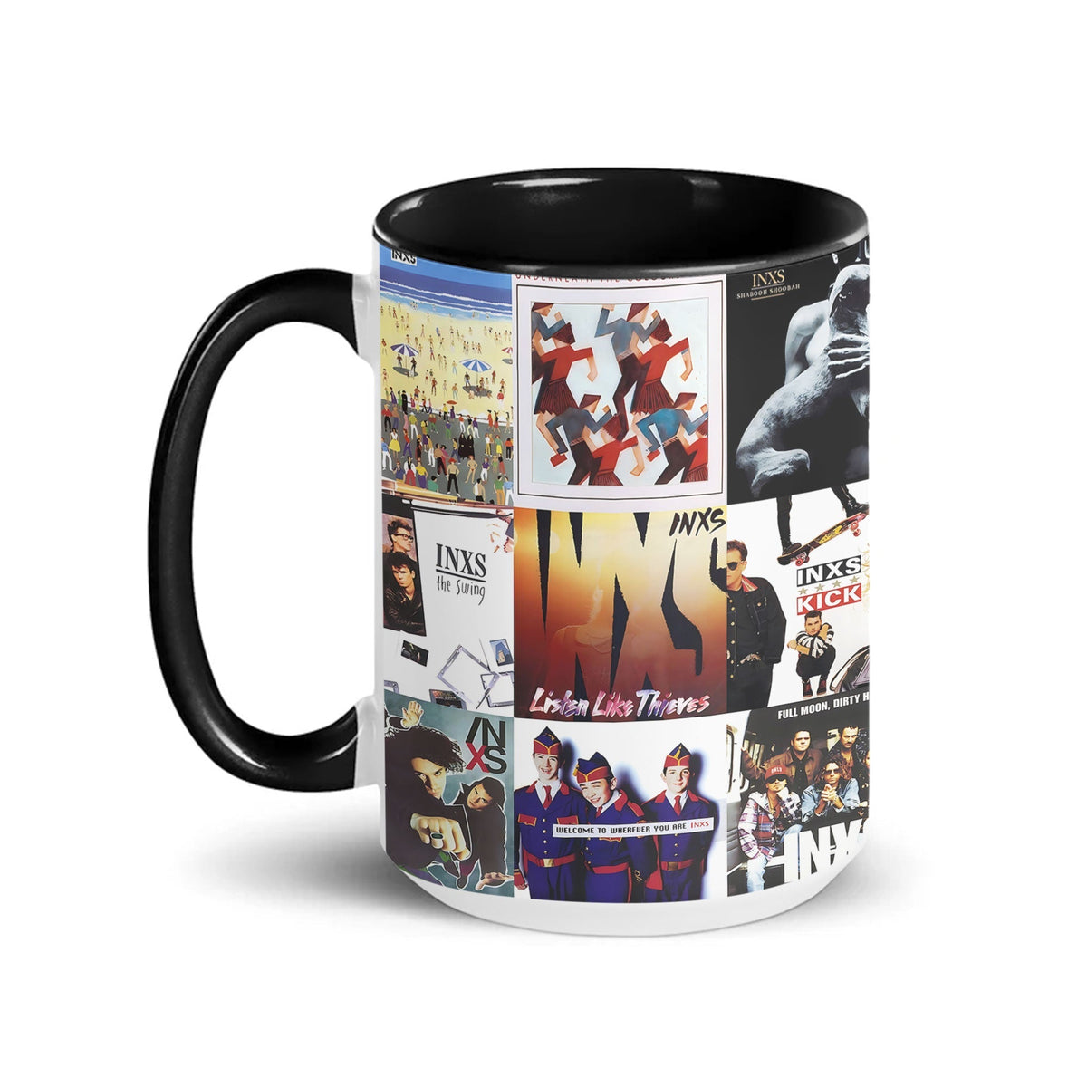 INXS Black Two-Tone Accent Coffee Mug - Classic Band Album Covers Collage Mug