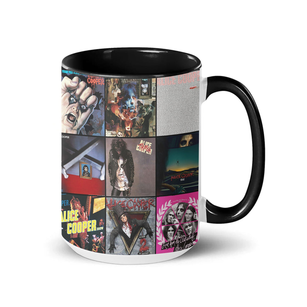 Alice Cooper Black Two-Tone Accent Coffee Mug - Classic Band Album Covers Collage Mug