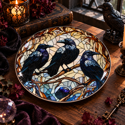 Three Ravens Stained Glass Ceramic Plate – Gothic Black Crow Decorative Porcelain Dish