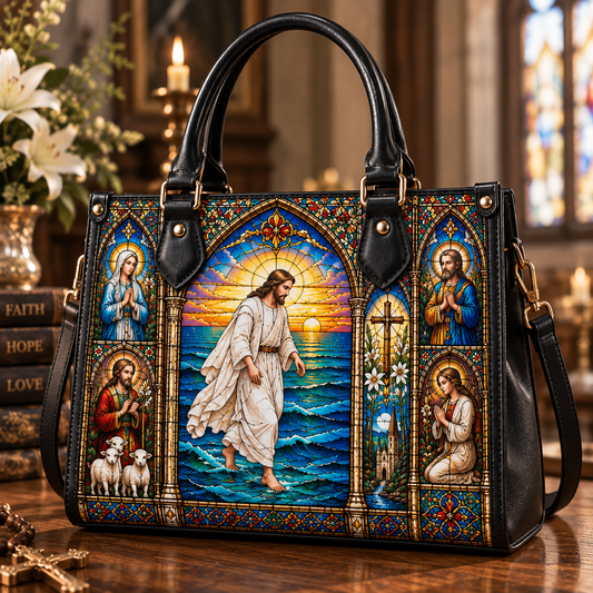 Jesus Walking on Water Handbag & Wallet Set, Christian Stained Glass Purse, Faith Inspired Religious Gift for Women