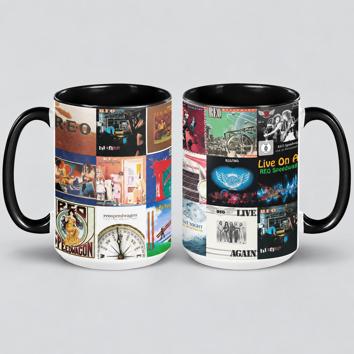 REO Speedwagon Black Two-Tone Accent Coffee Mug - Classic Band Album Covers Collage Mug