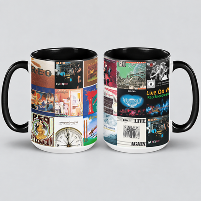 REO Speedwagon Black Two-Tone Accent Coffee Mug - Classic Band Album Covers Collage Mug