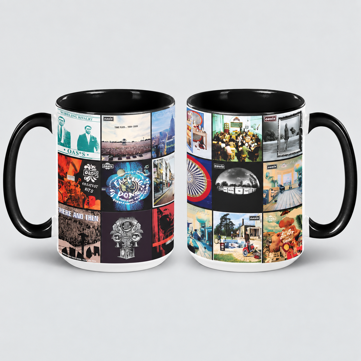 Oasis Black Two-Tone Accent Coffee Mug - Classic Band Album Covers Collage Mug
