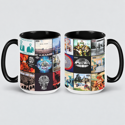 Oasis Black Two-Tone Accent Coffee Mug - Classic Band Album Covers Collage Mug