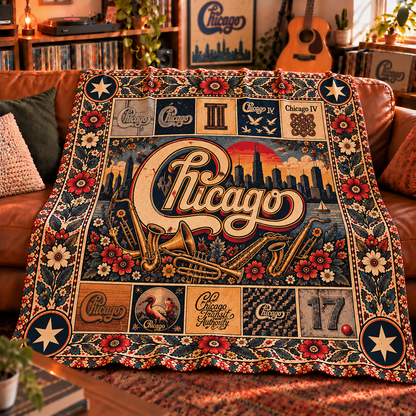 Chicago Band Sherpa Throw Blanket - Horn Section Brass & Skyline Soft Cover - Jazz Rock Music Legend Fan Unique Gift Idea