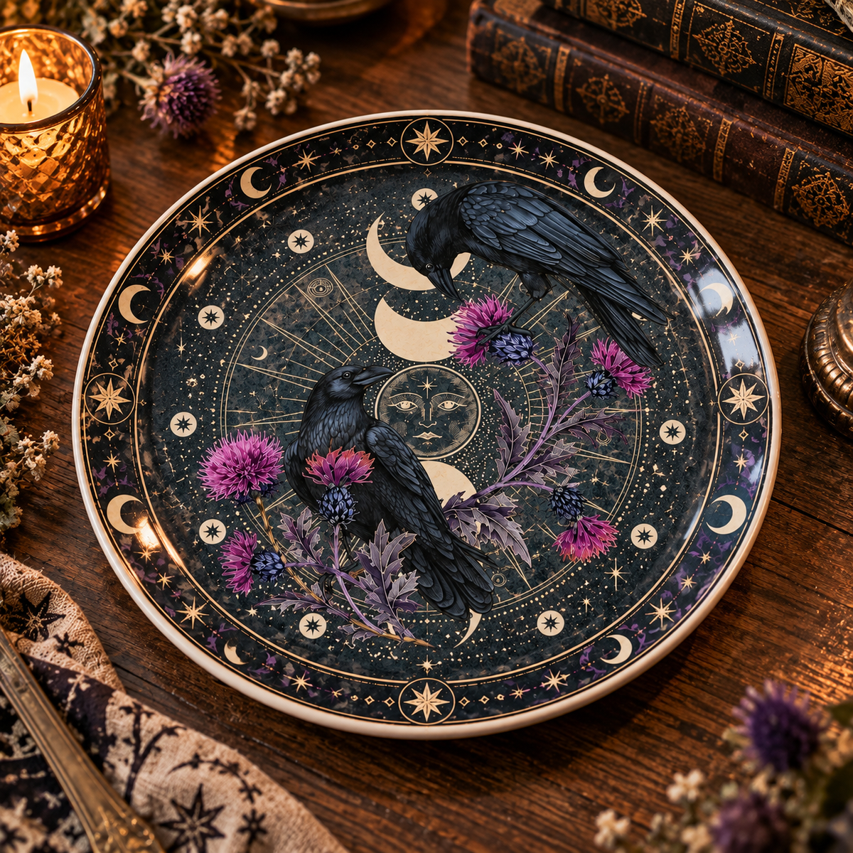 Celestial Raven Decorative Plate, Gothic Crow Moon Plate, Witchy Raven Wall Decor, Purple Thistle Plate, Dark Academia Gift