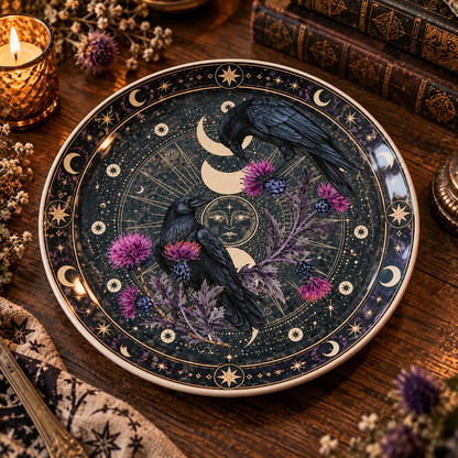 Celestial Raven Decorative Plate, Gothic Crow Moon Plate, Witchy Raven Wall Decor, Purple Thistle Plate, Dark Academia Gift