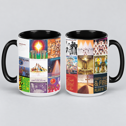Earth, Wind & Fire Black Two-Tone Accent Coffee Mug - Classic Band Album Covers Collage Mug