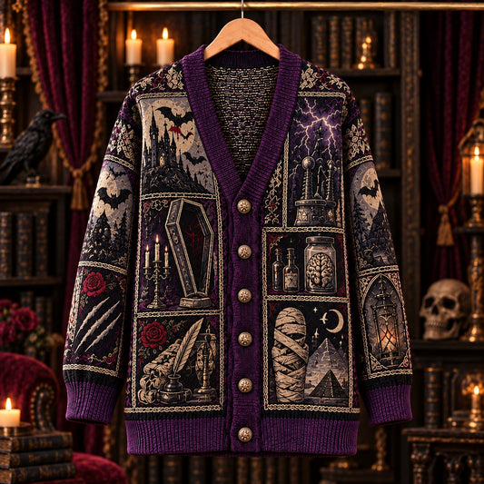 Classic Monsters Cardigan, Dracula Mummy Wolfman Gothic Knit Sweater, Vintage Horror Patchwork Cardigan, Halloween Monster Fan Gift